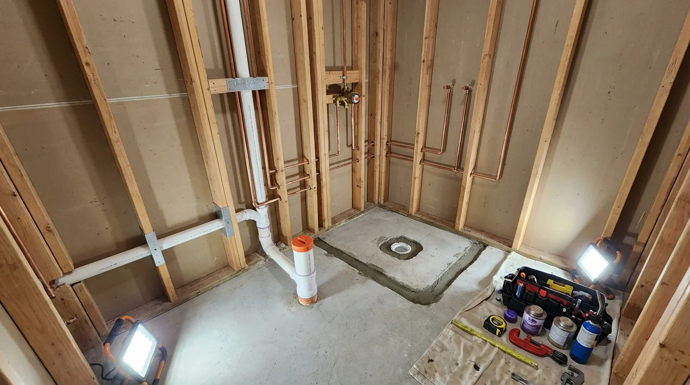 Bathroom rough-in plumbing during remodel by Johns Plumbing LLC in Chehalis