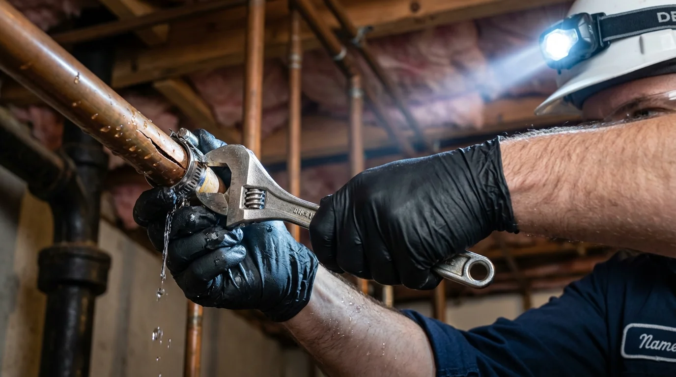 Emergency pipe clamp repair being performed by a Johns Plumbing LLC plumber in Chehalis