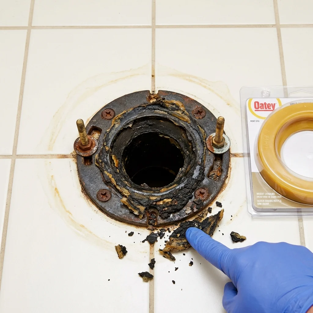 Failed wax ring showing water seepage at the base of a toilet in a Chehalis, WA home
